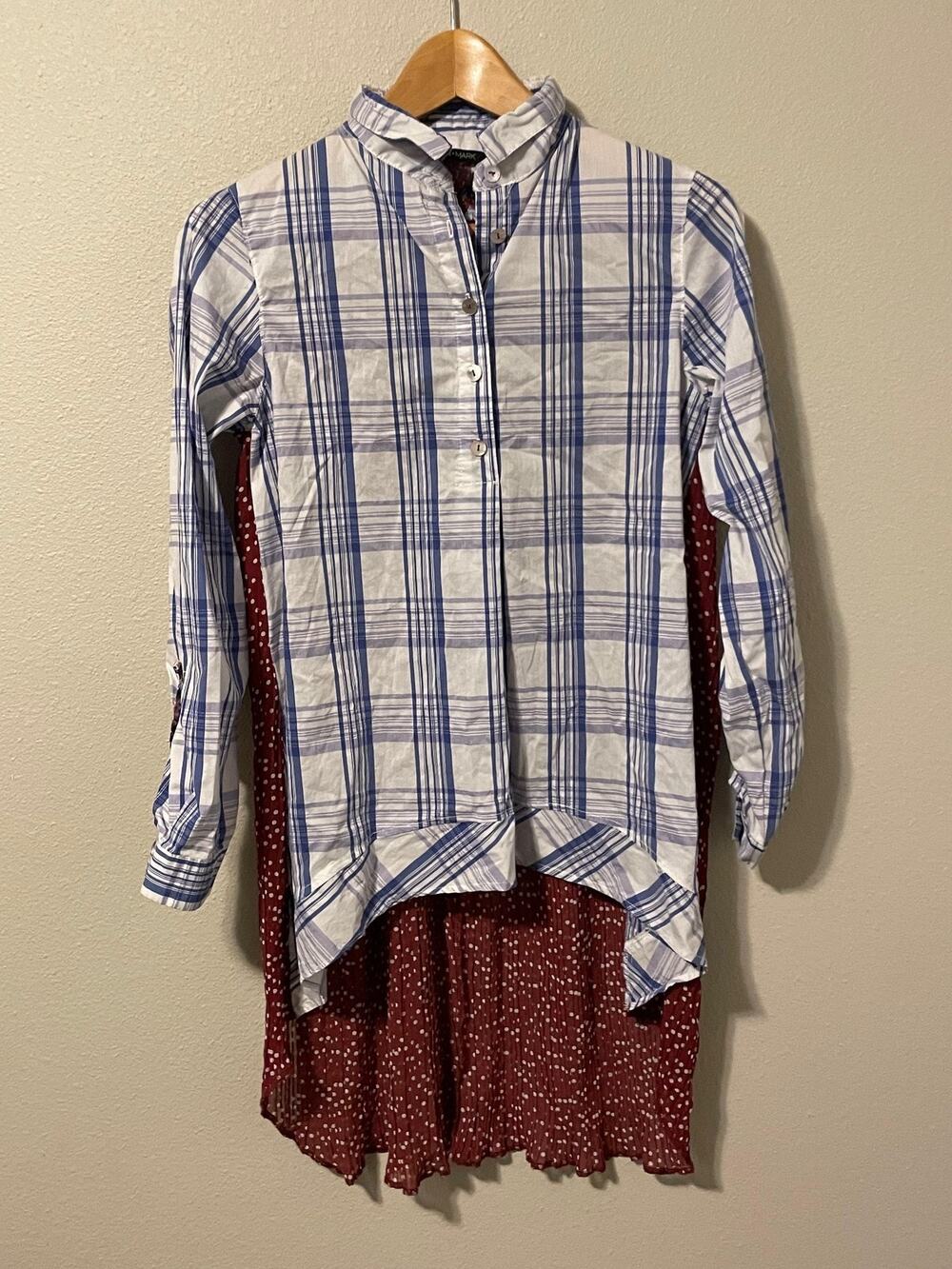 John Mark Tunic Top Womens Small Multicolor Plaid Dot Button Up Boho Artsy